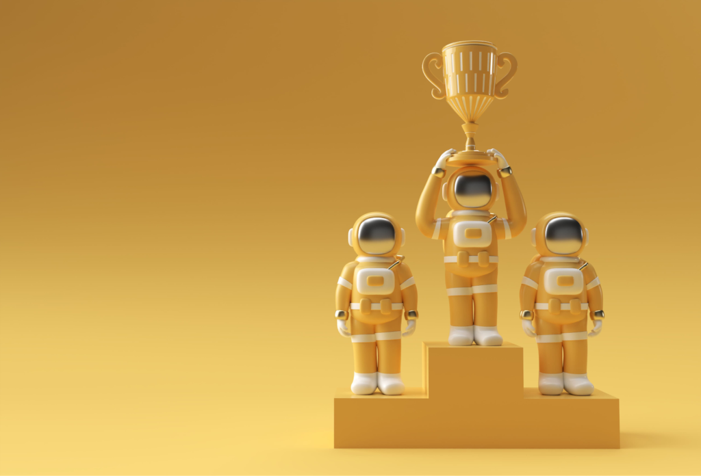 Animated people holding a trophy on a pedestal